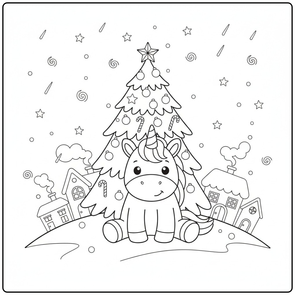 Your Easy Christmas Unicorn Decorated Tree coloring page