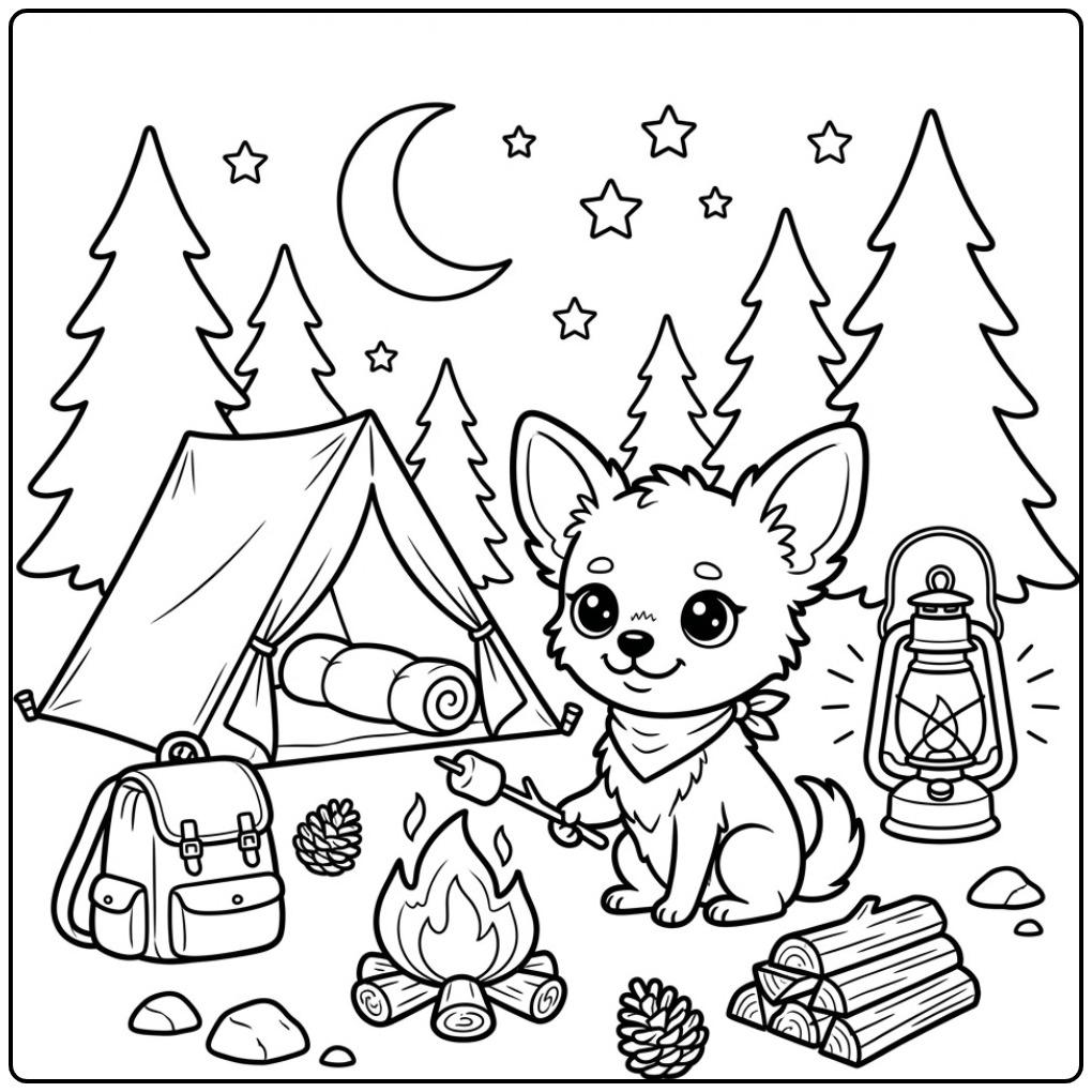 Kampeeravontuur Chihuahua in the Dark Forest coloring page