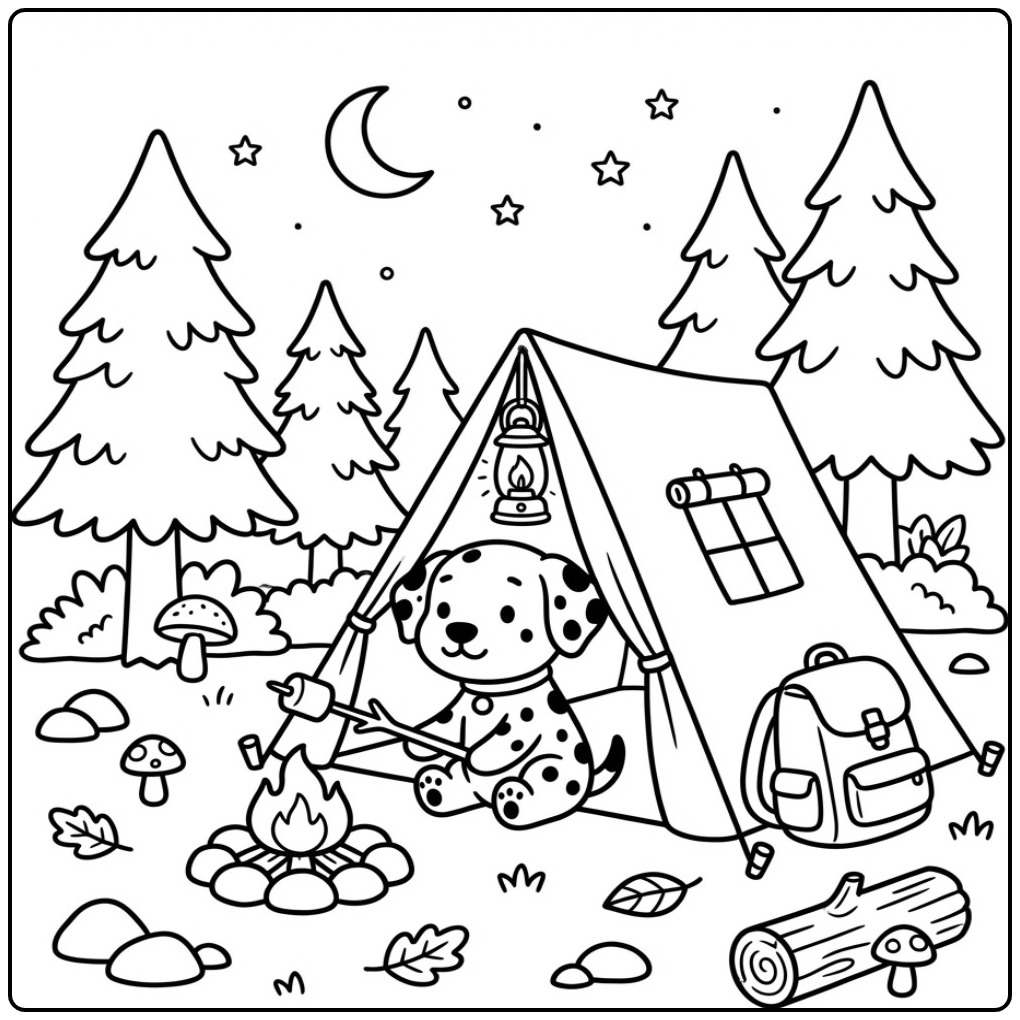 Camping with a Fun Dalmatian in the Forest coloring page
