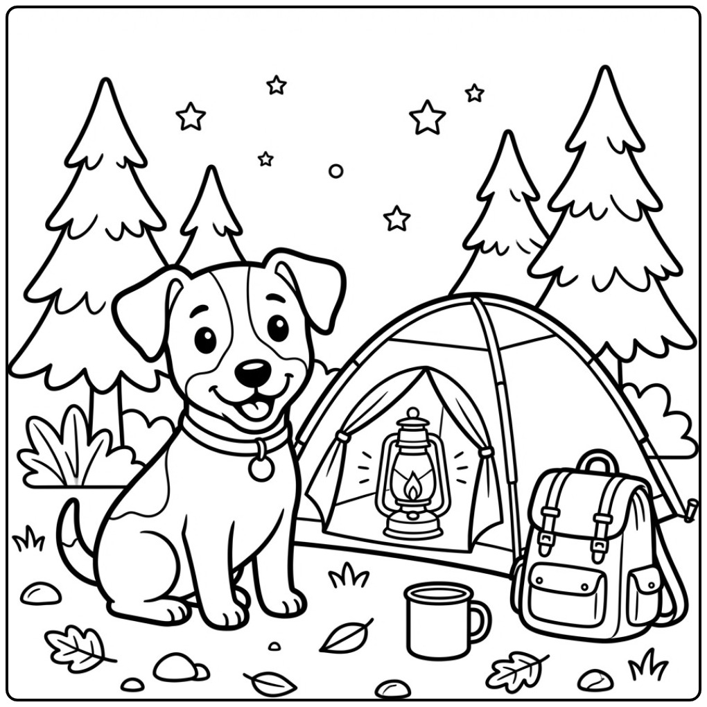 Jack Russell Camping in the Forest coloring page