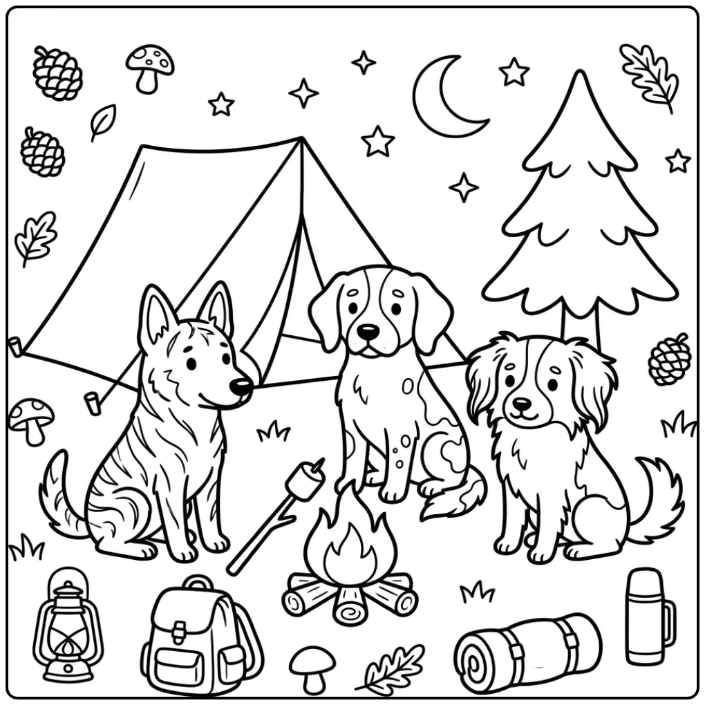 Dog Friends Camping Under the Stars coloring page