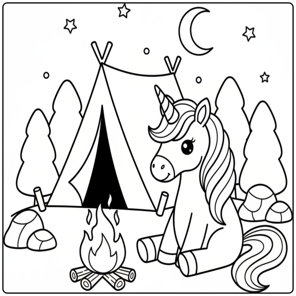 Kamperende Unicorn Easy with a Campfire coloring page