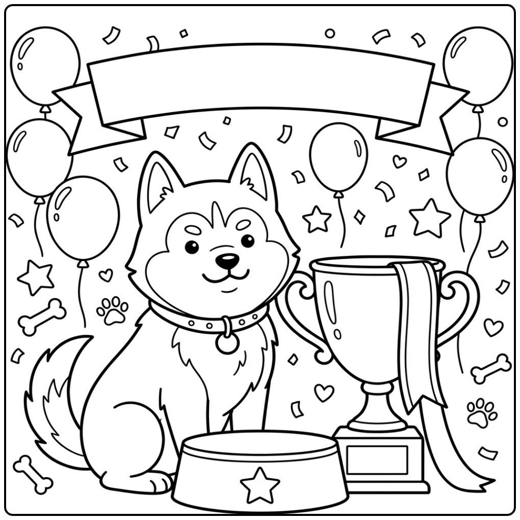 Husky Dog Show Champion with Trophy coloring page
