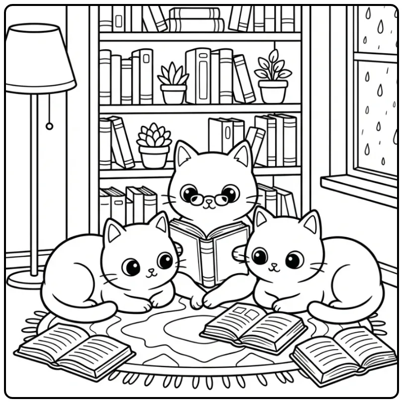 Three Cats Reading a Book Together coloring page