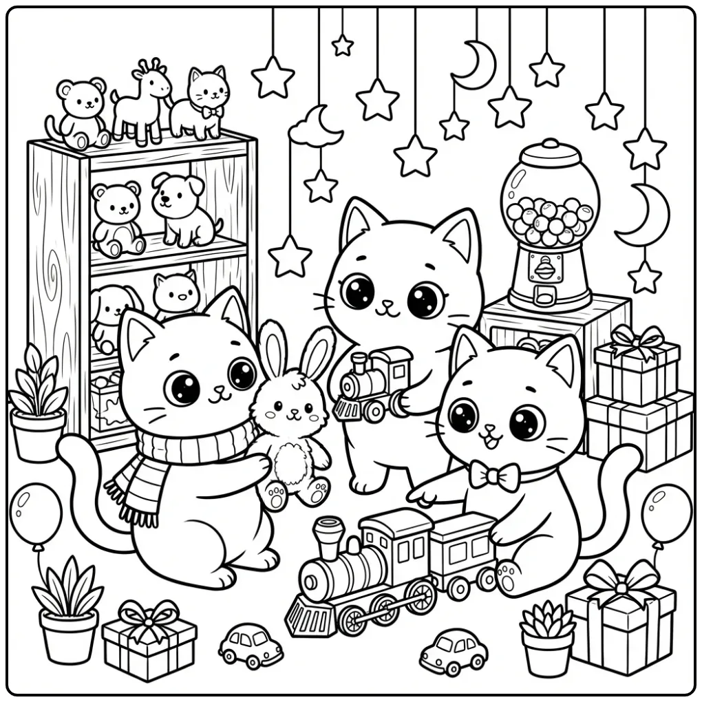 Cats with Stuffed Animals and Toy Trains coloring page