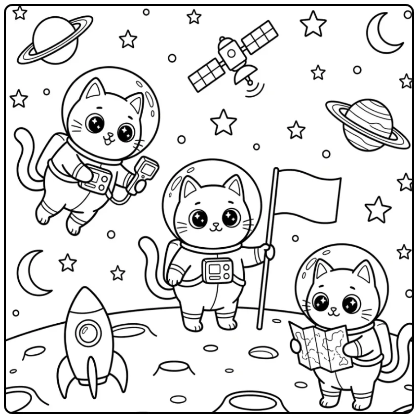Cat Astronauts on the Moon coloring page