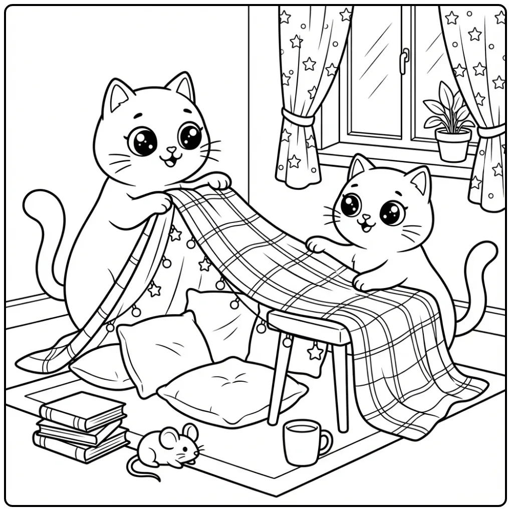Cats Building a Cushion Fort Together coloring page