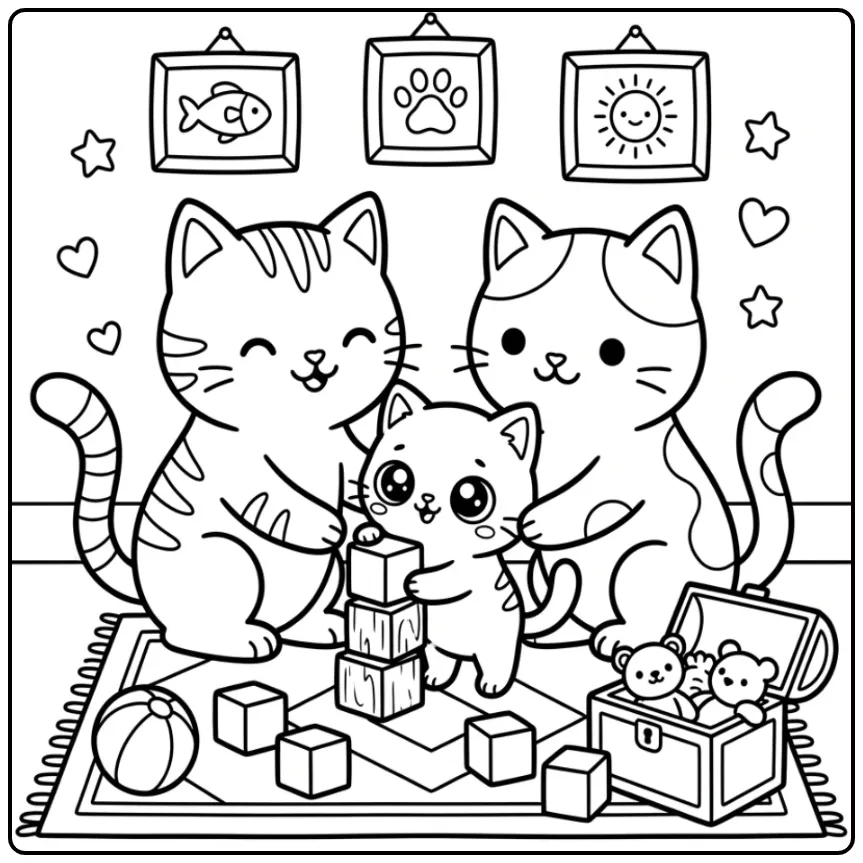 Cat Parents and Kitten with Toy Blocks coloring page