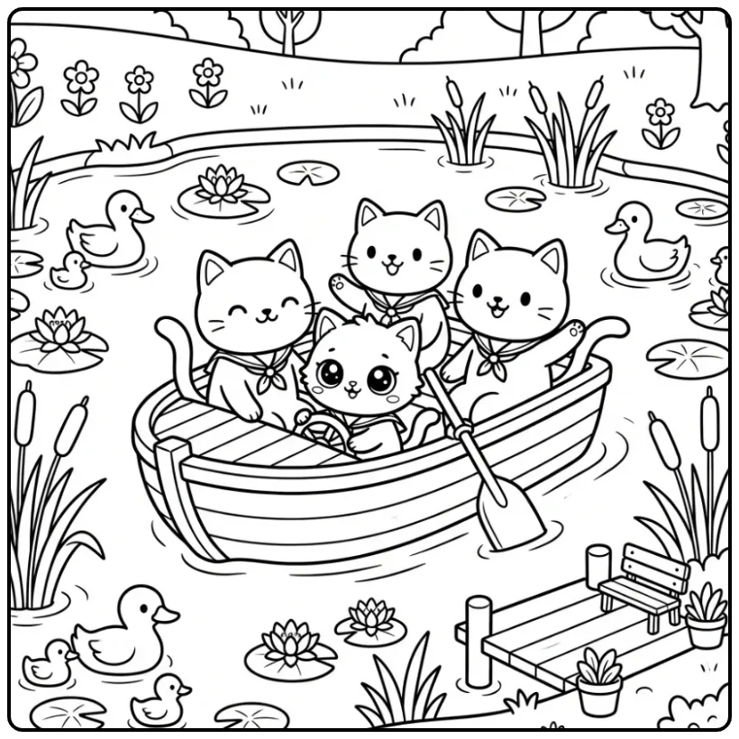 Four Cats and a Kitten Paddling coloring page