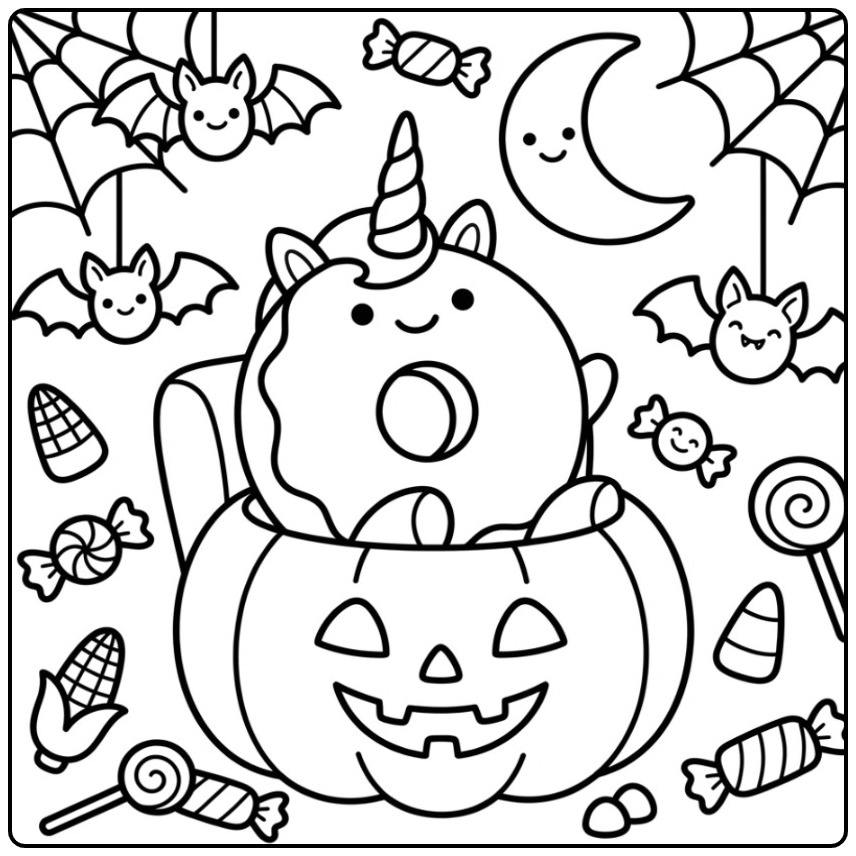Kawaii Halloween Donut Unicorn Bats coloring page
