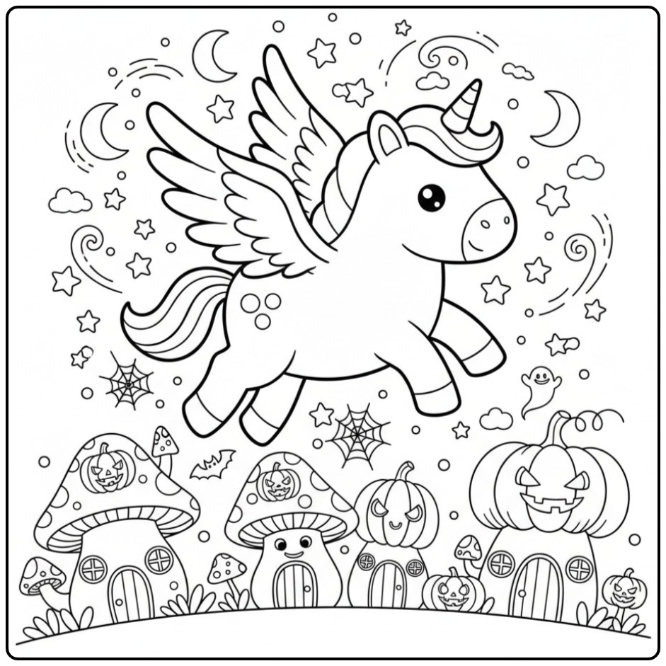 Kawaii Halloweencoloring Page Unicorn with Wings and Little Ghosts coloring page