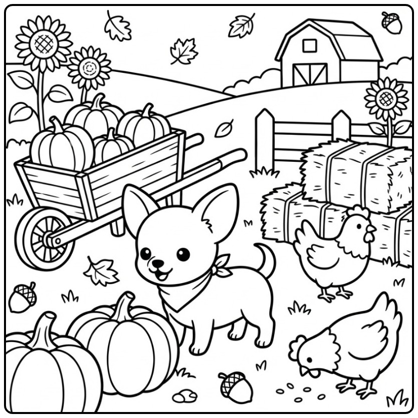Kawaii Chihuahua on a Sunny Autumn Day coloring page