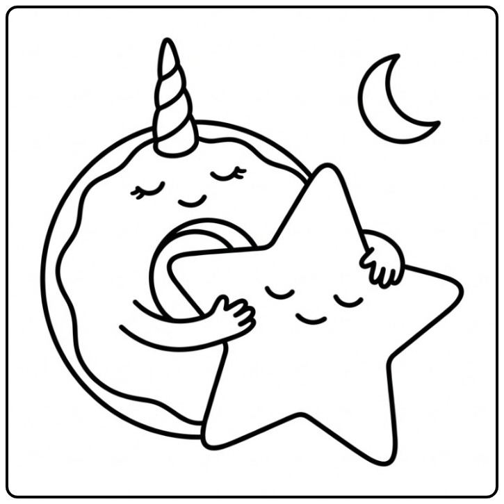 Kawaii Donut Unicorn with a Sleeping Star and Moon coloring page
