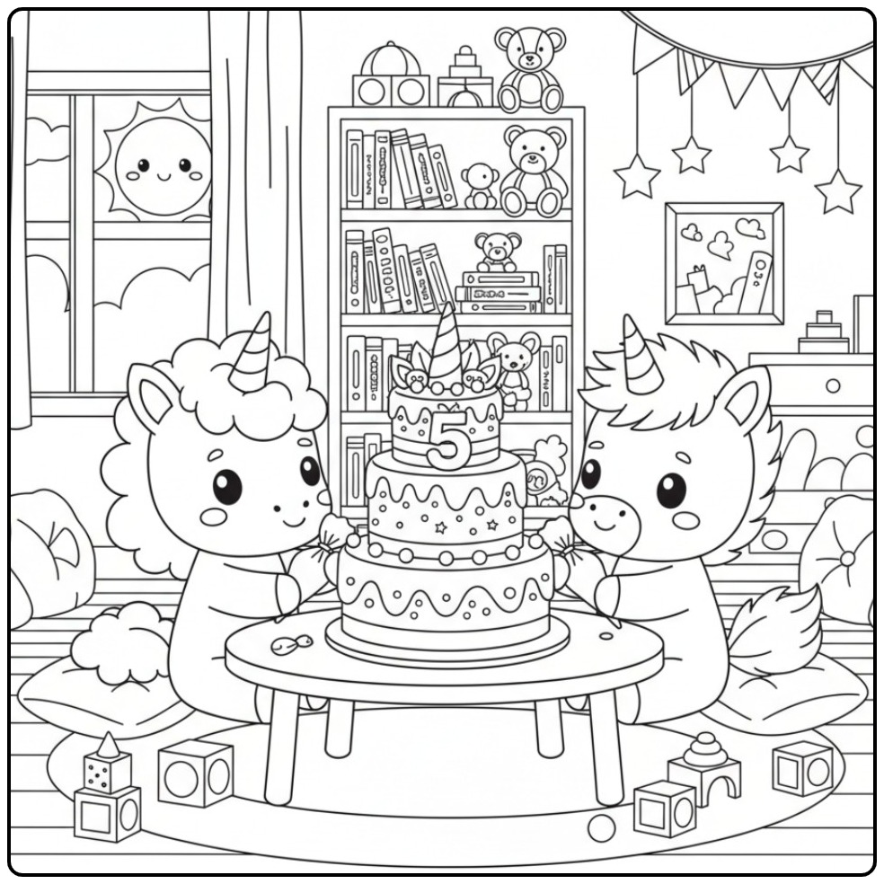 Kawaii Unicorn with Birthday Cake for 5 Years coloring page