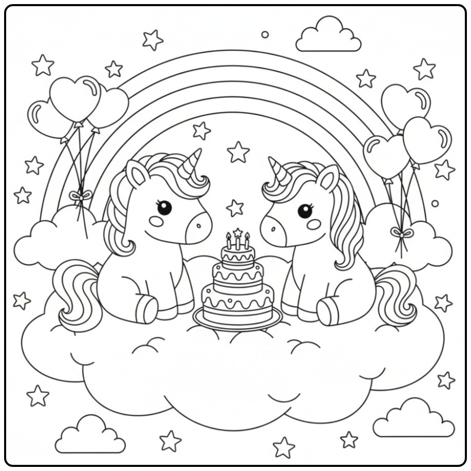 Kawaii Unicorn on a Rainbow Birthday Party coloring page