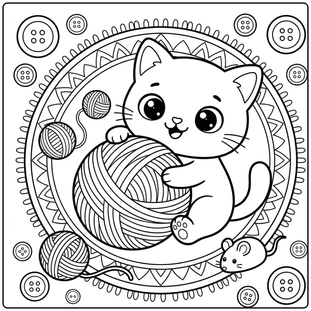Kawaii Kitten with a Ball of Yarn and Toy Mouse coloring page