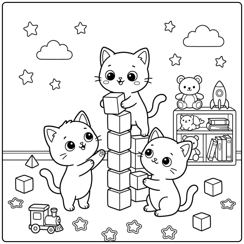 Kawaii Kitten with Stacked Kittens and Toys coloring page