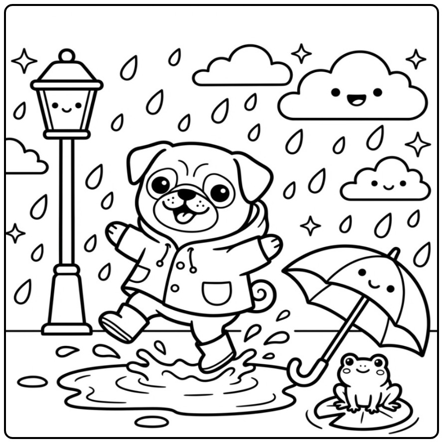 Kawaii Pug Cheerful in the Rain Dancing coloring page
