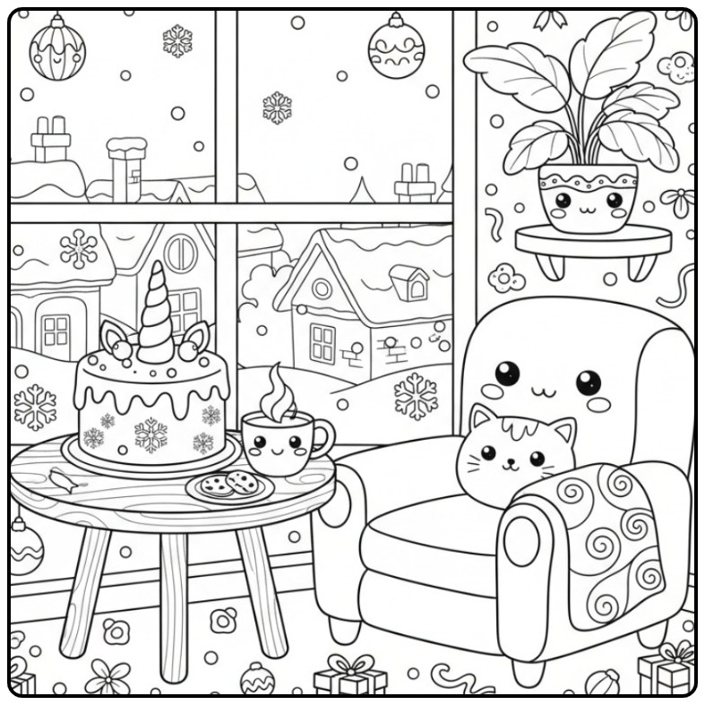 Kawaii Unicorn Christmas Cake for the Holidays coloring page