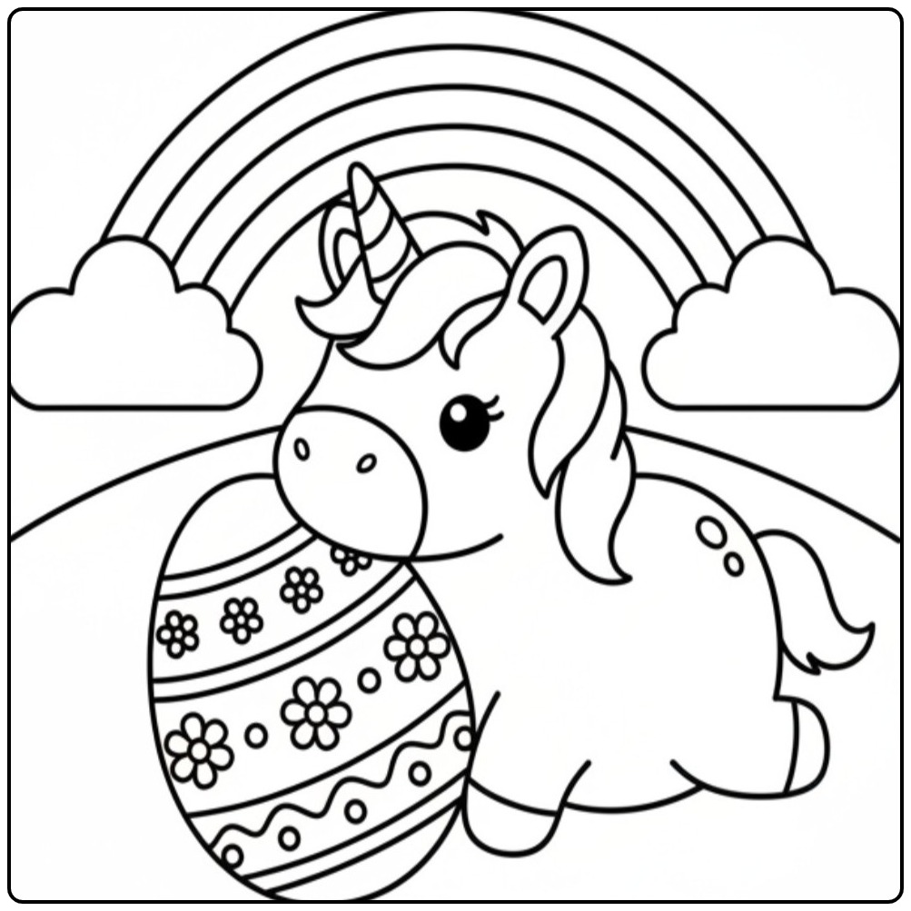 Kawaii Unicorn Easter with Rainbow coloring page