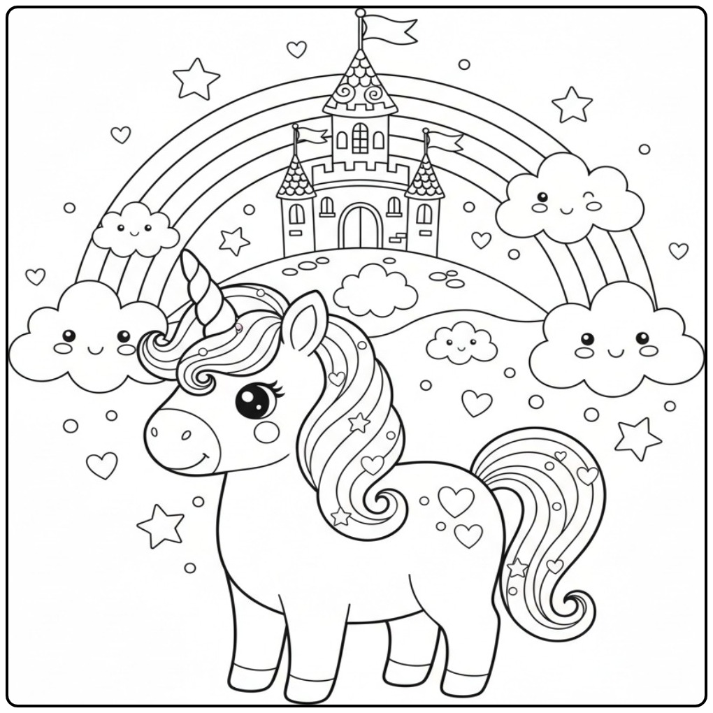 Kawaii Unicorn Rainbow and a Magical Castle coloring page