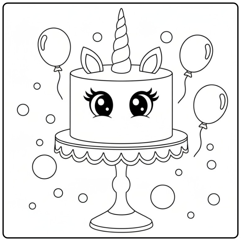 Kawaii Unicorn Cake on a Beautiful Taartstandaard coloring page