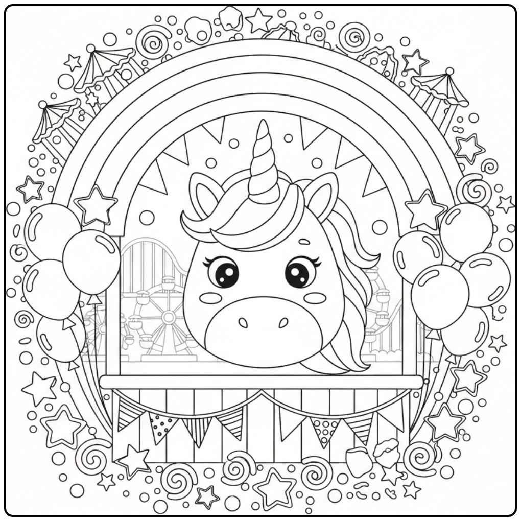 Kawaii Unicorn Head and Rainbow Balloons coloring page