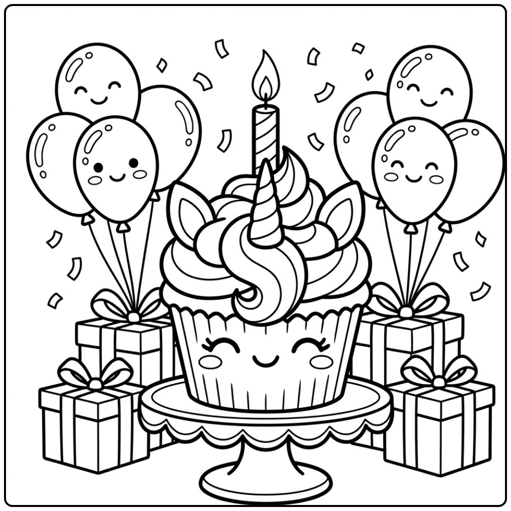 Kawaii Birthday Unicorn Cupcake for a Party coloring page