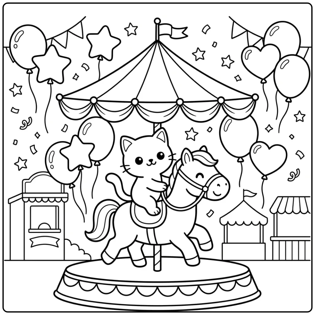 Easy Cat coloring page on a carousel horse