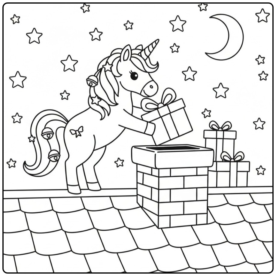 Christmas Unicorn Gifts Delivering Color This coloring page