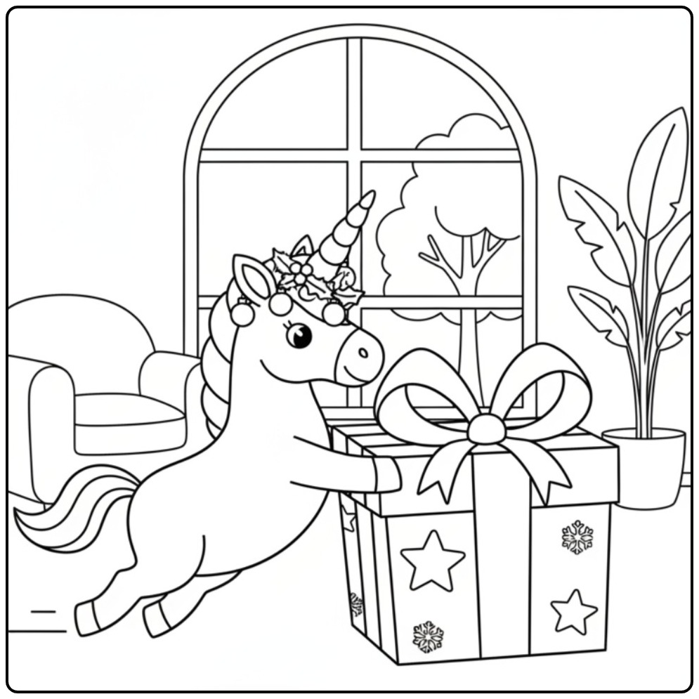 Christmas Unicorn Gifts Delivering Prent coloring page
