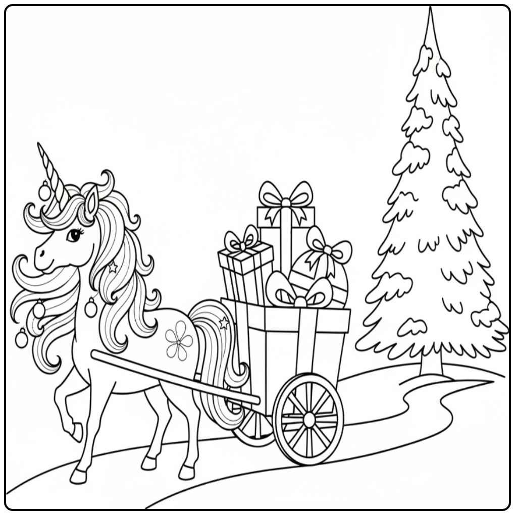 Christmas Unicorn Gifts Delivering Print coloring page