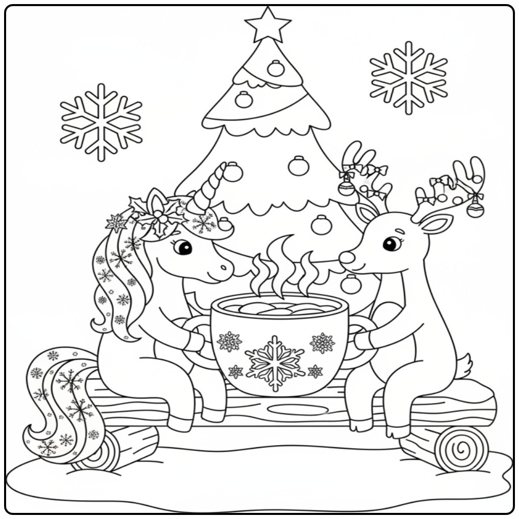 Christmas Unicorn and Reindeer a Magical Kerstscne coloring page
