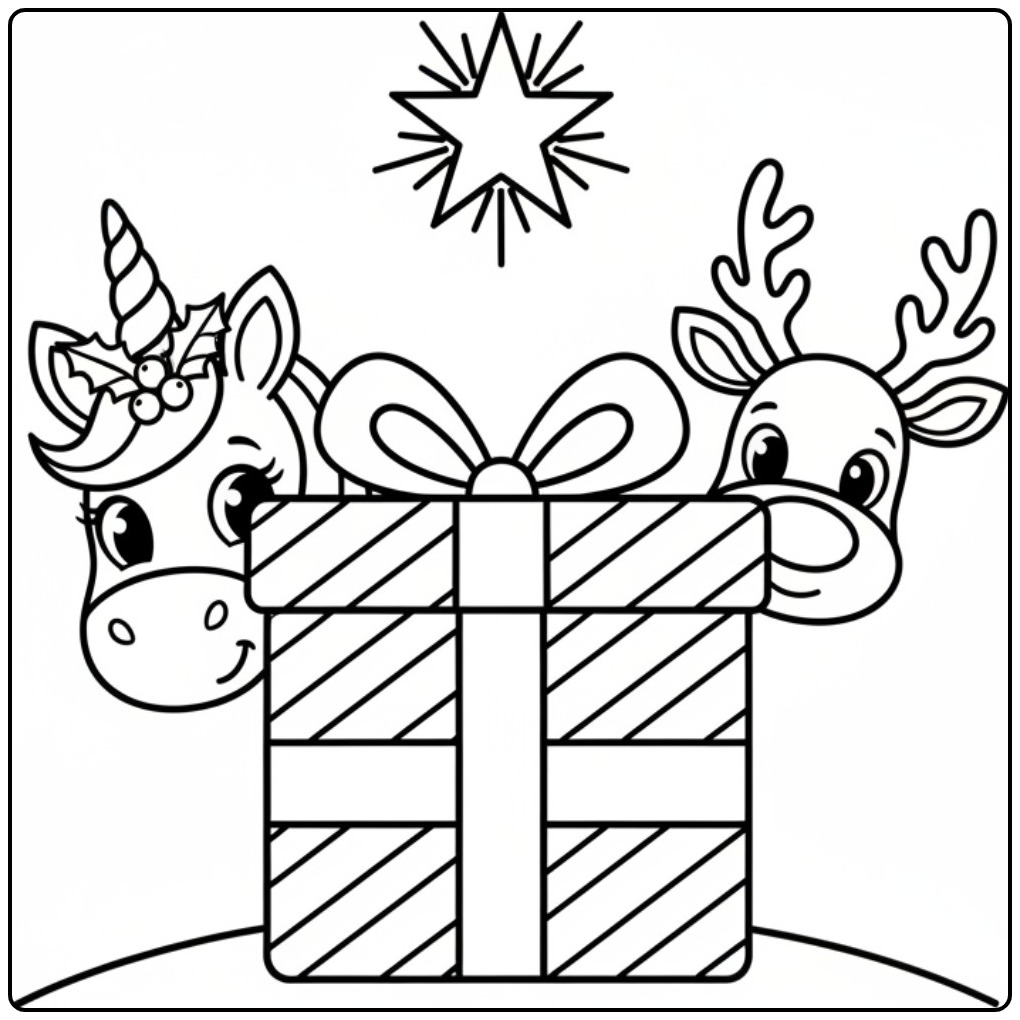 Christmas Unicorn Reindeer Star and Gift coloring page