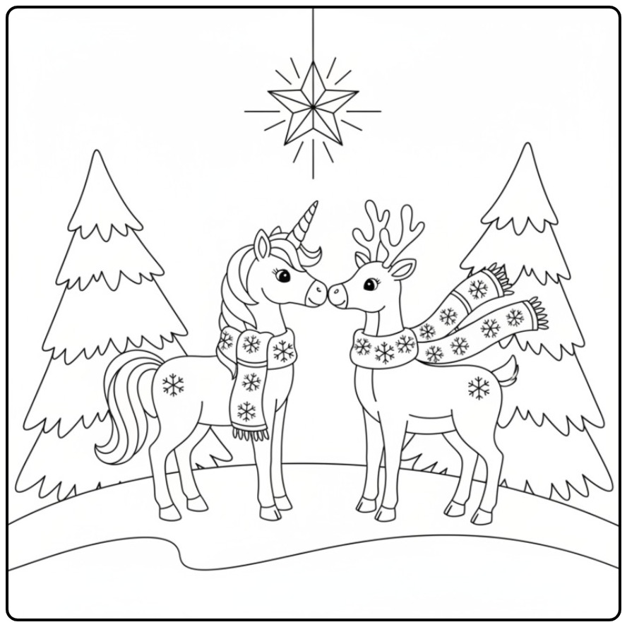 Christmas Unicorn and Reindeer for the Holidays coloring page
