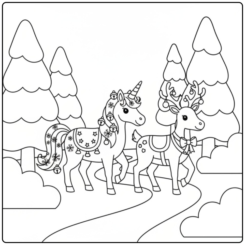Christmas Unicorn and Reindeer for Children coloring page