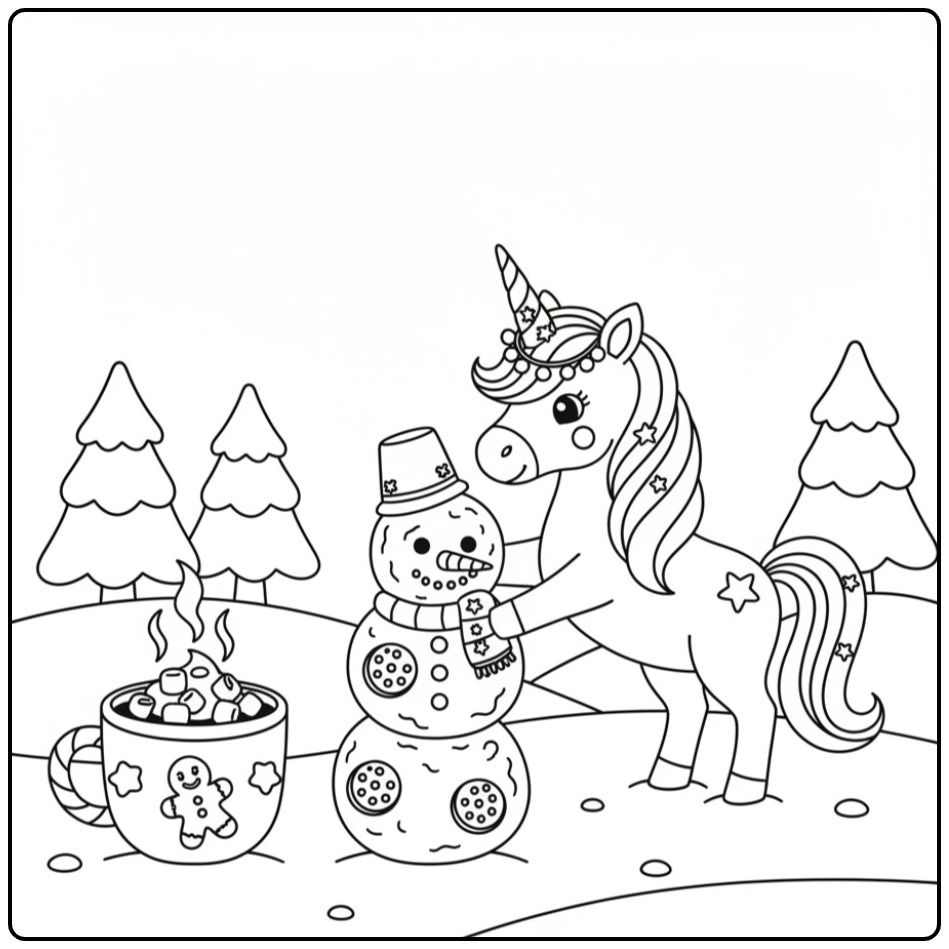 Christmas Unicorn with Cookies and Warm Hot Chocolate 1 coloring page