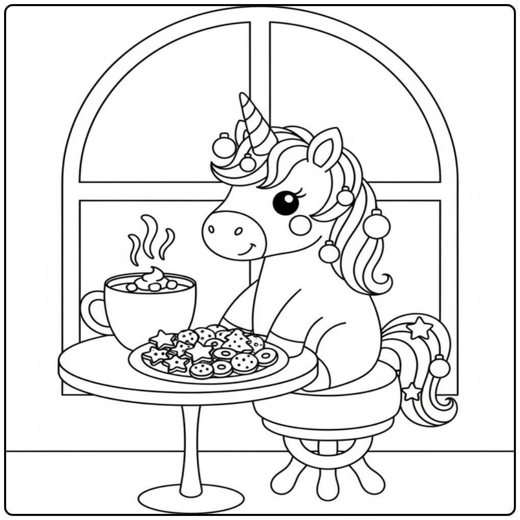 Christmas Unicorn with Cookies and Warm Hot Chocolate coloring page