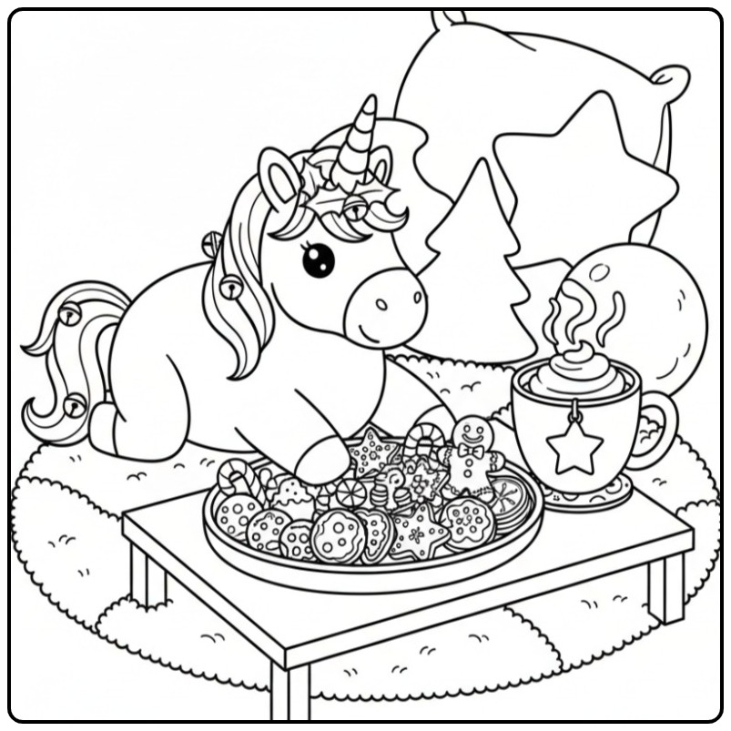 Christmas Unicorn with Cookies and Warm Hot Chocolate Fun coloring page