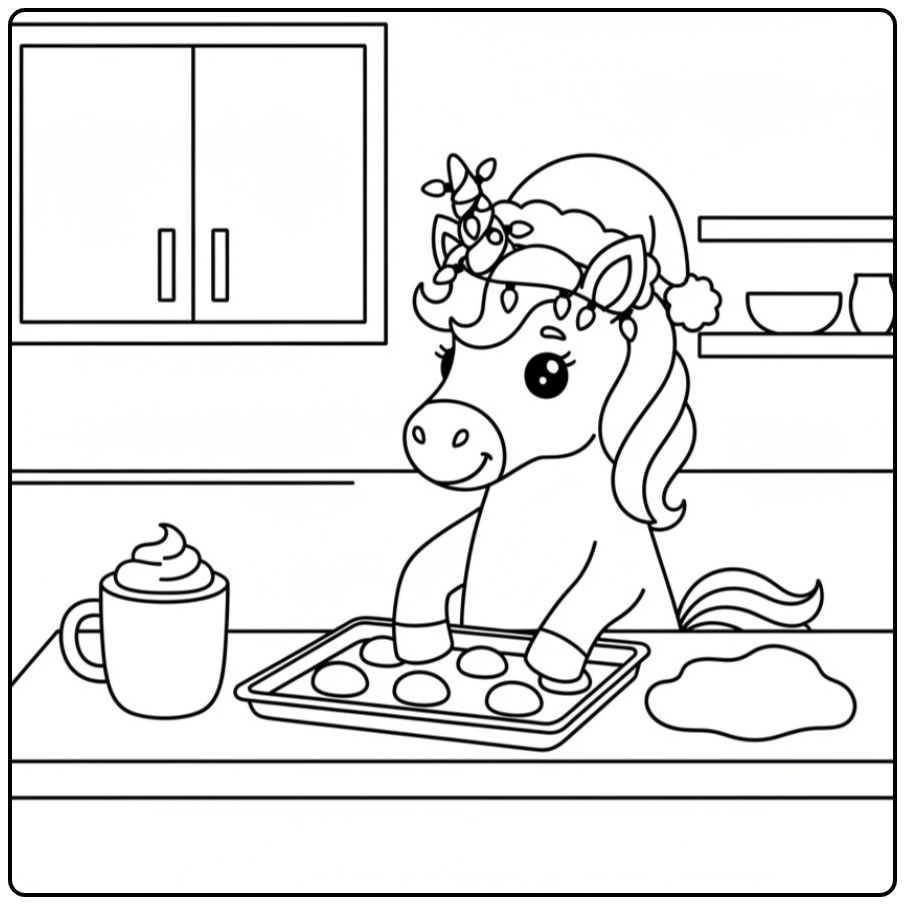 Christmas Unicorn with Cookies and Warm Hot Chocolate coloring page