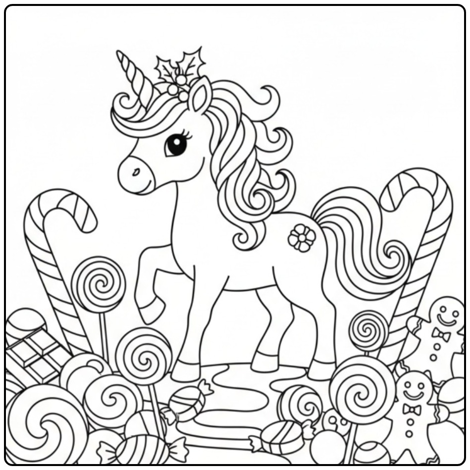 Christmas Unicorn with Canes and Candy coloring page