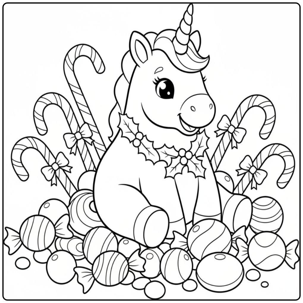 Christmas Unicorn with Canes and Candy Party coloring page