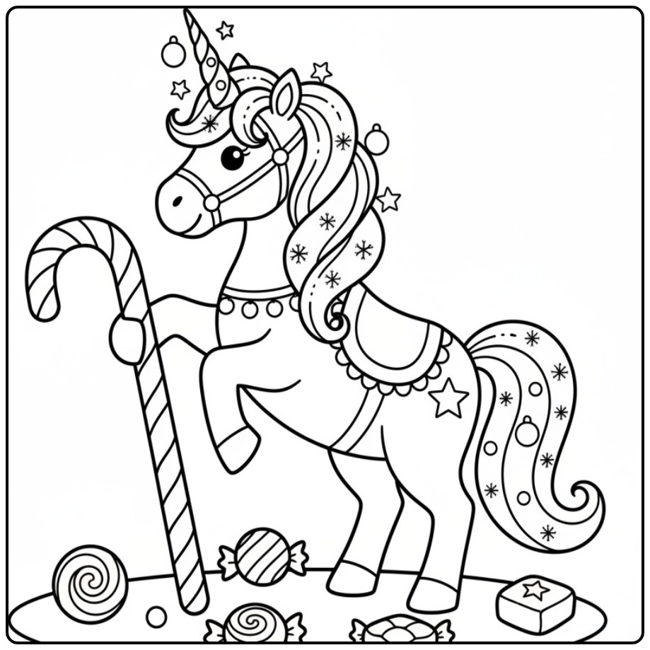 Christmas Unicorn with Canes and Candy Festive Fun coloring page
