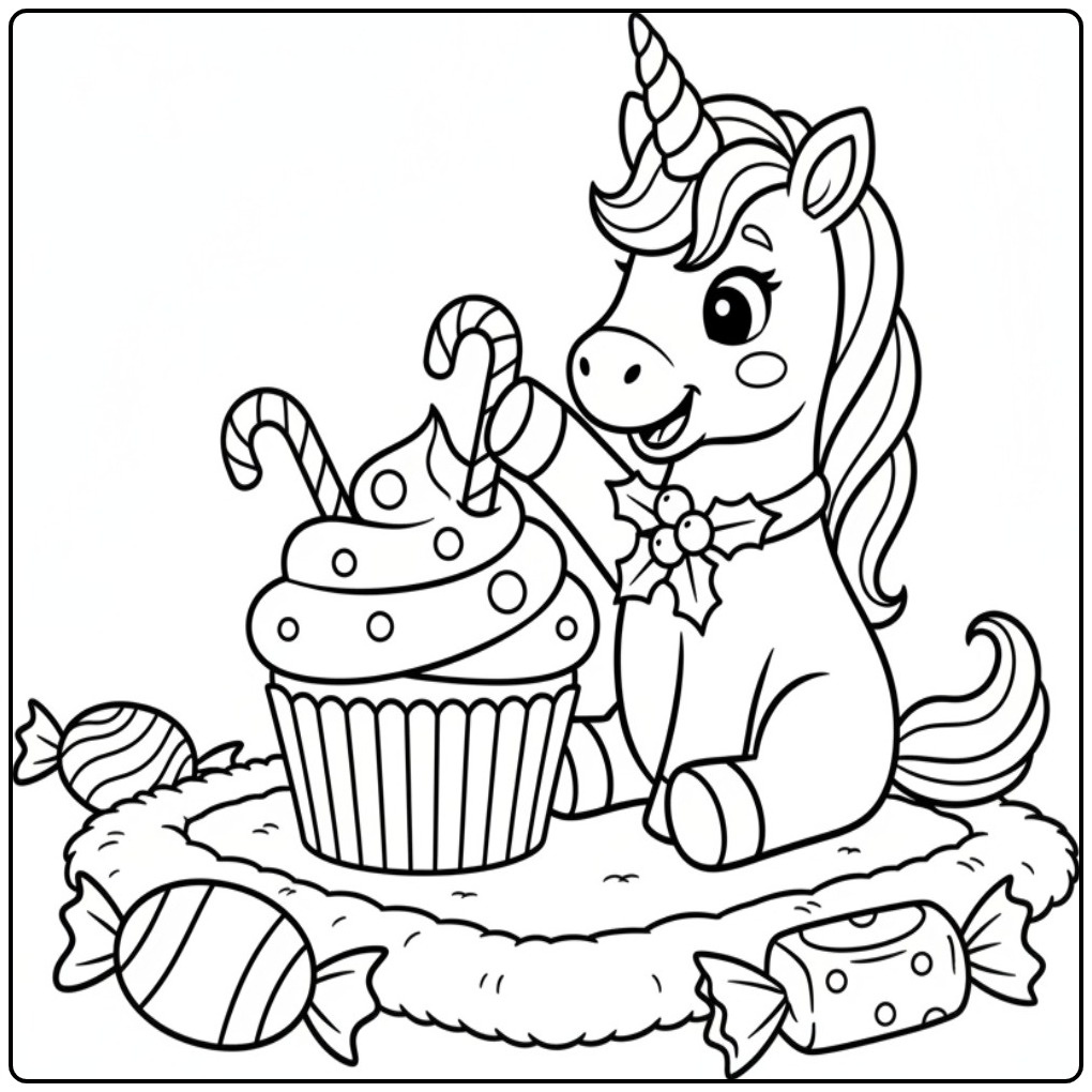 Christmas Unicorn with Canes and Candy Is Fun coloring page