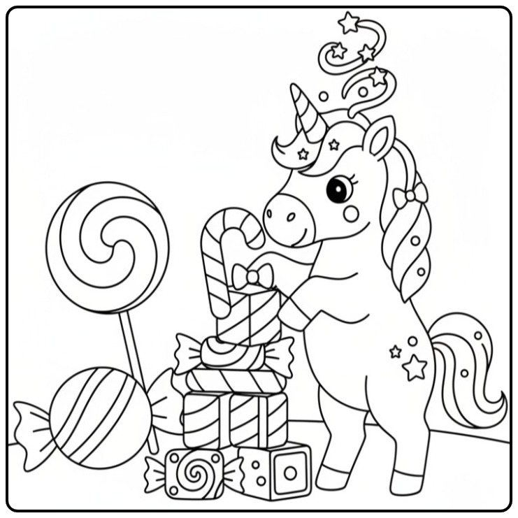 Christmas Unicorn with Canes and Candy for Children coloring page