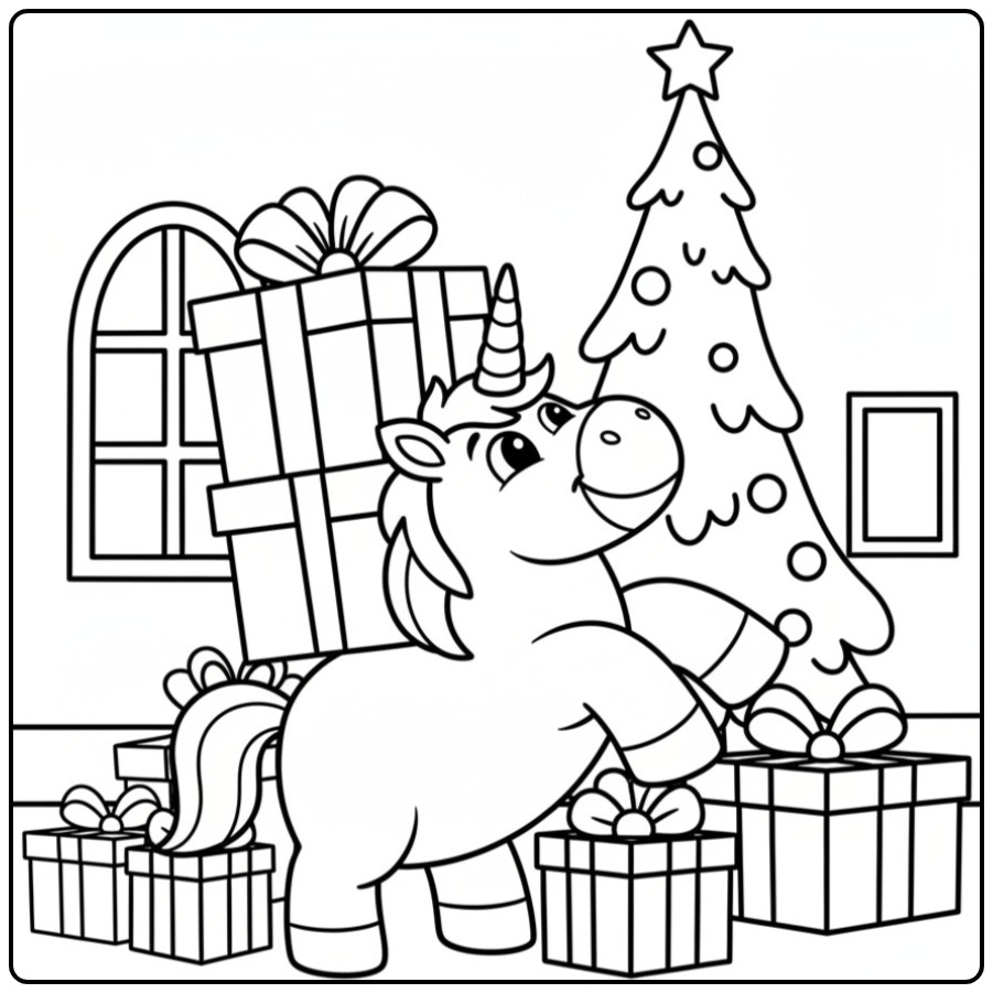 Unicorn Under the Christmas Tree Is Ready coloring page