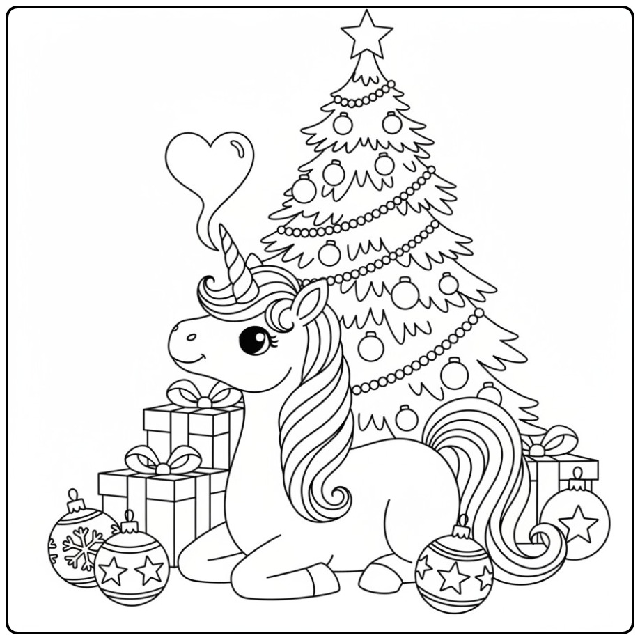 Unicorn Under the Tree Magical Christmas coloring page