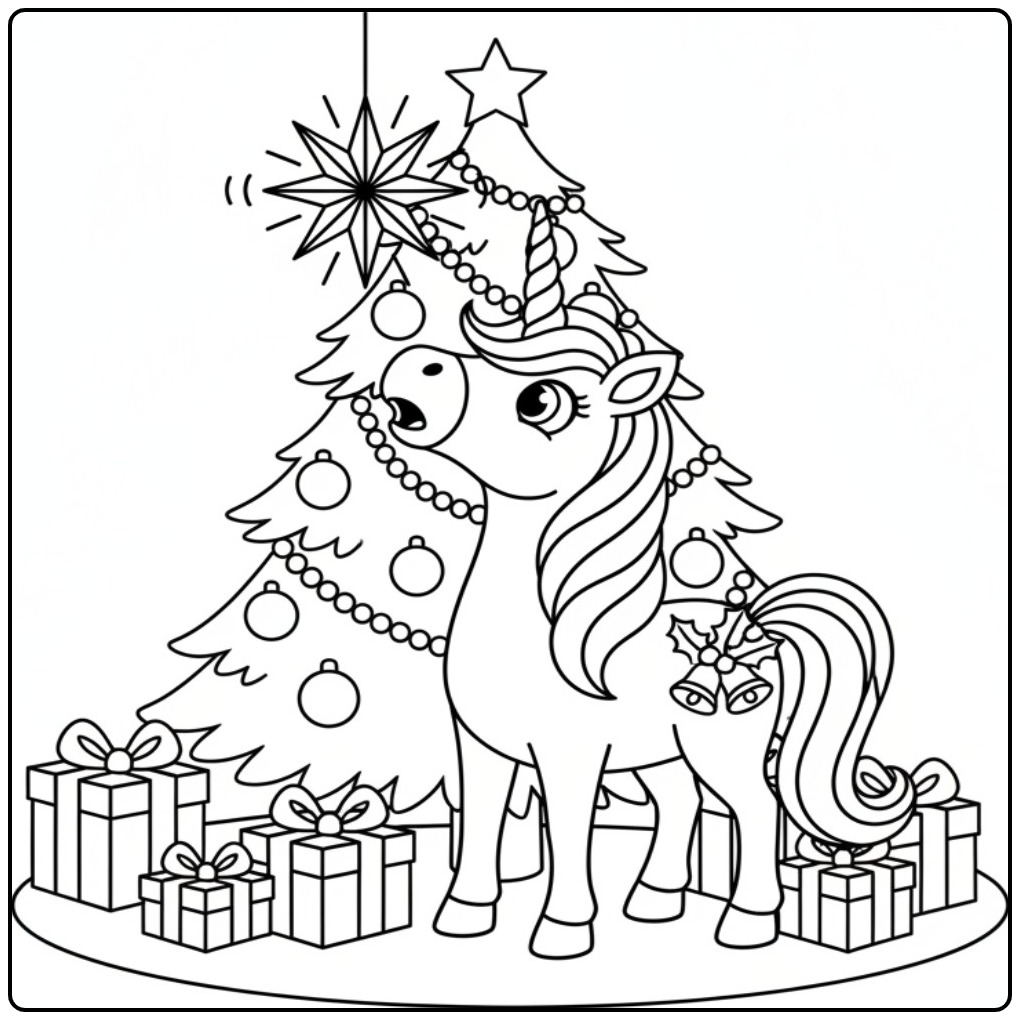 Unicorn Under the Christmas Tree 1 coloring page