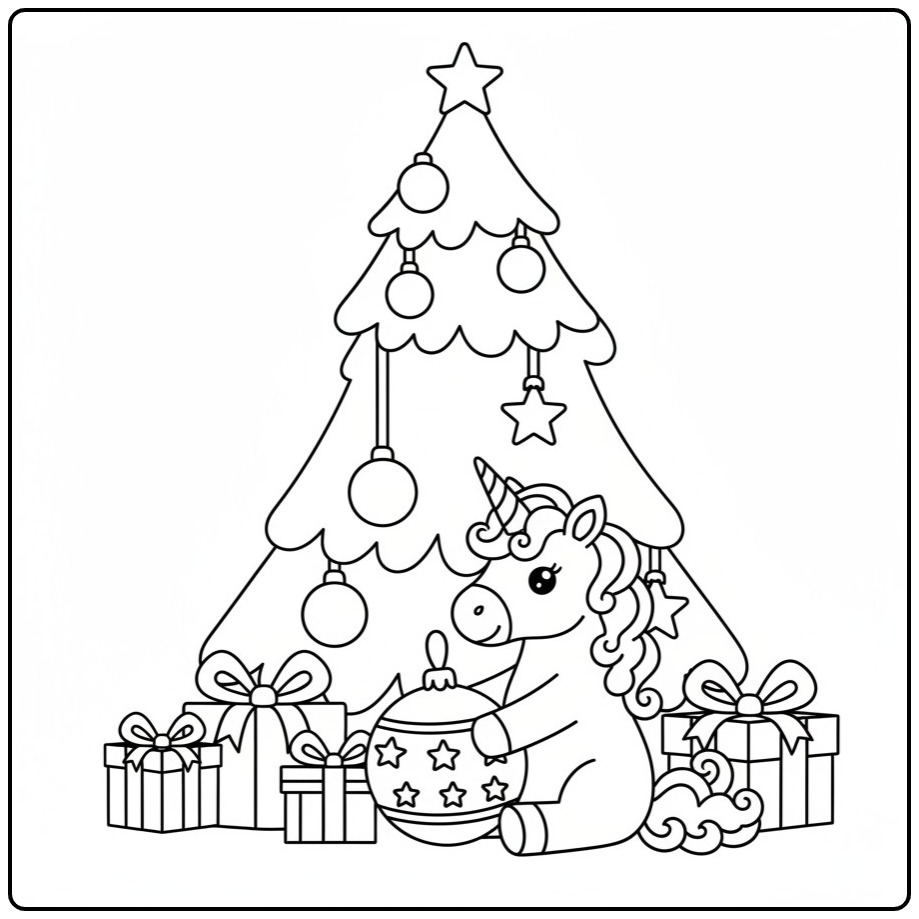 Unicorn Under the Christmas Tree coloring page