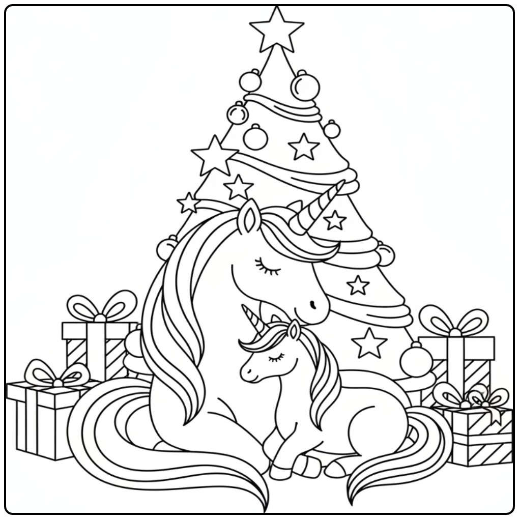 Unicorn Under Christmas Tree for the Holidays 1 coloring page